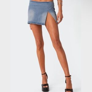 Edikted Light Blue Denim Mini Skirt with Side Slit